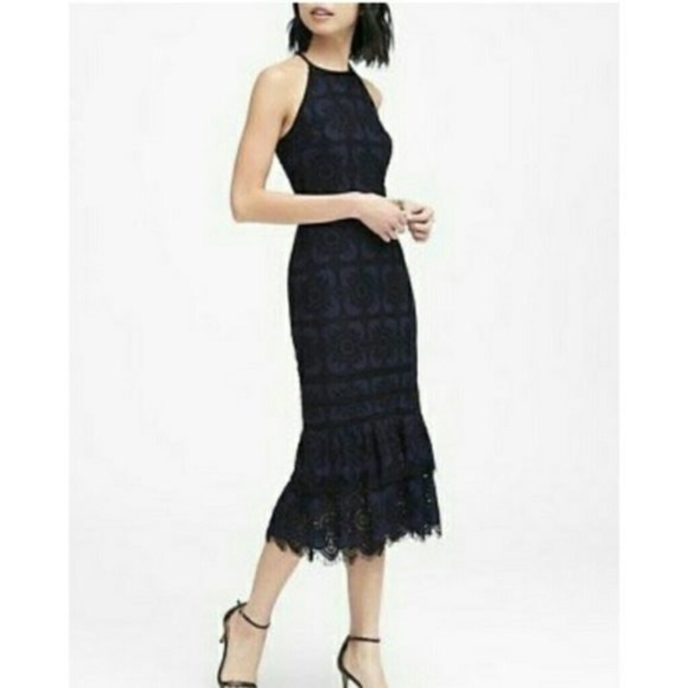Banana Republic Navy Black Lace Overlay Midi Dress